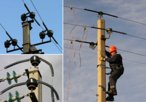 Technician installing bird protection devices on a power line